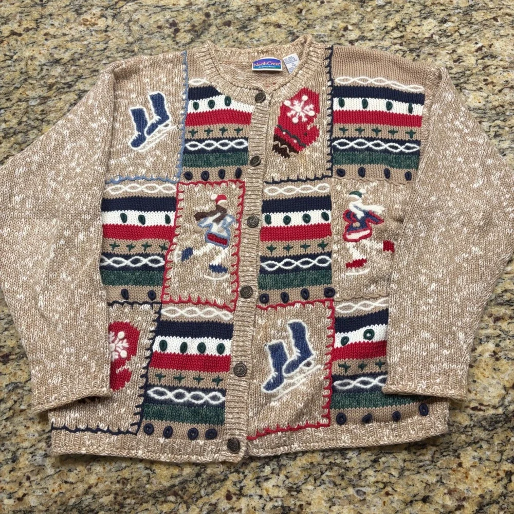 North Crest Vintage Winter Ice Skates Mitten Cardigan Sweater XL Tan Marled Knit